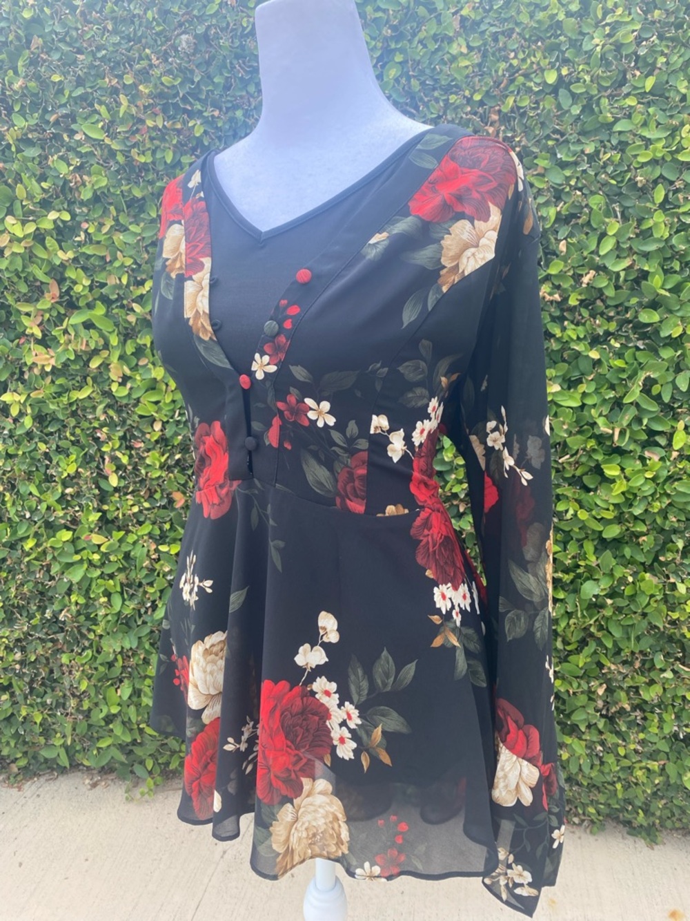 City Chic Black Floral Peplum Top with Red & Cream Blooms - Picture 3 of 7